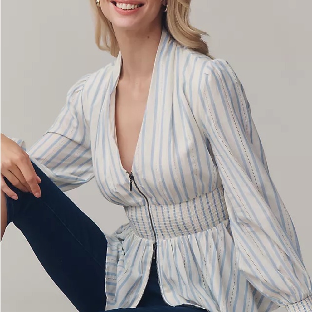 NWT By Anthropologie The Tommie Long-Sleeve Smocked Front-Zip Blouse